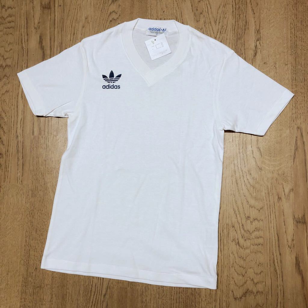 【未使用】70-90's /adidas アディダス サイズ150 半袖Tシャツ トップス Ｖネック ロゴプリント 白Tシャツ ビンテージ a-2_画像1