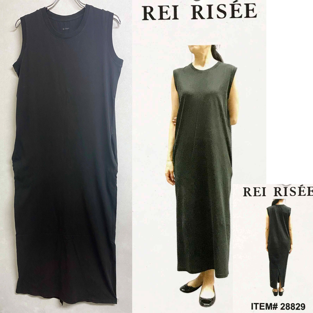 新品 L ★ コストコ REI RISEE コットン ロングワンピース ブラック ノースリーブ シンプル 綿 レイリーゼ 黒 スリット ストレッチ