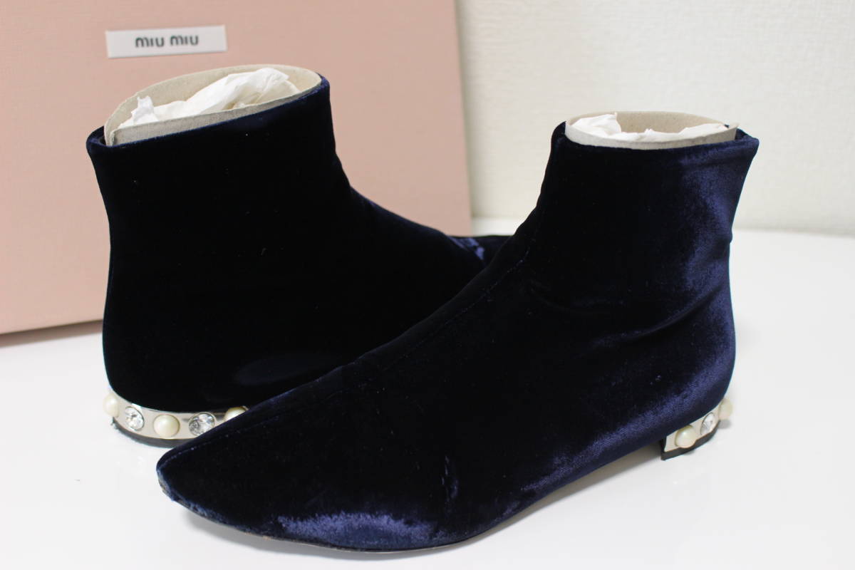 D743 本物 miumiu ミュウミュウ ベロア ラインストーン パール ショーツブーツ ハイカット シューズ 靴 紺 ネイビー 35.5 約22.5cm 人気