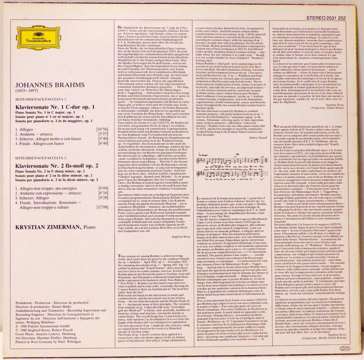 西独盤 ツィメルマン ブラームス ピアノ ソナタ 第1番 第2番 ZIMERMAN BRAHMS KLAVIERSONTEN NO.1 & 2 DGG 2531 252 MADE IN WEST GERMANY_画像5