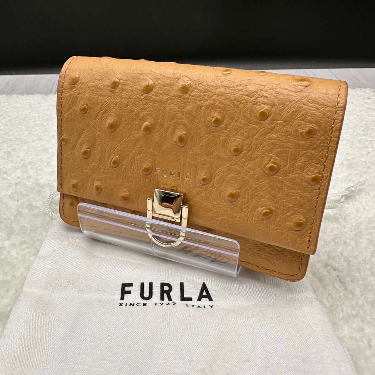 【極美品】FURLA フルラ カードケース オーストリッチ キャメル_画像1