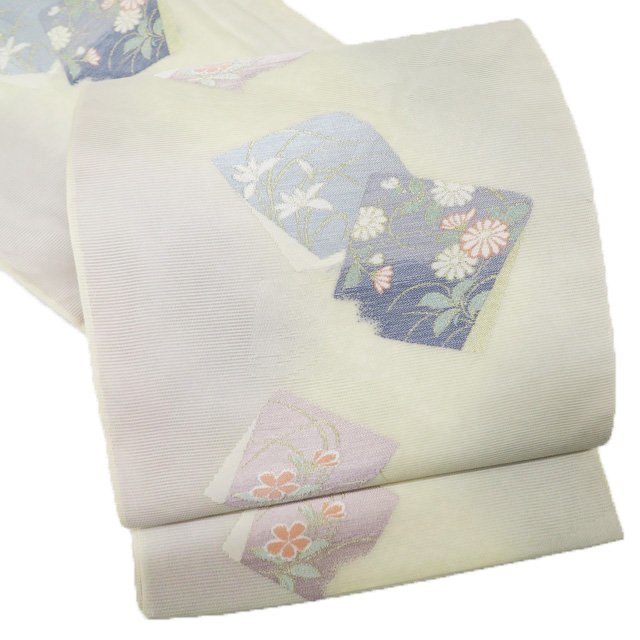 夏物 袋帯 中古 リサイクル 正絹 紗 フォーマル 仕立て上がり 六通 色紙に花の図 灰白色 多色 金 きもの北條 A913-11