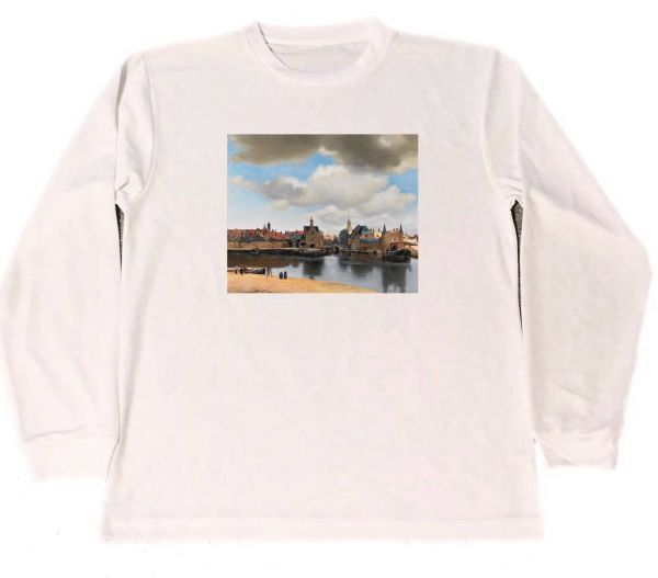 ヨハネス・フェルメール　ドライ　Tシャツ　デルフト眺望　名画　絵画　アート　グッズ　ロング　ロンT　白_画像1