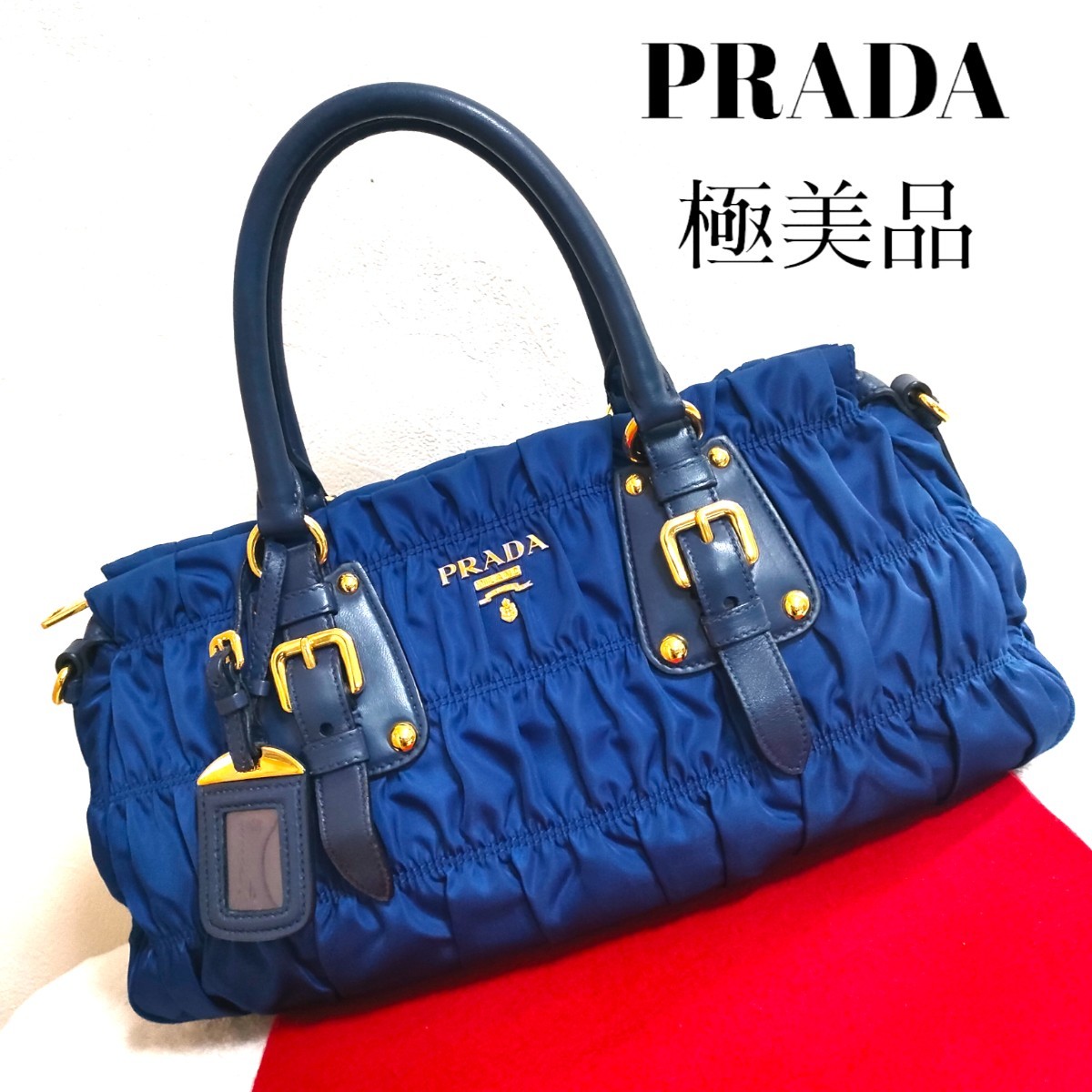 極美品 PRADA ブルー ギャザー ゴールド ハンドバッグ 青色 プラダ-