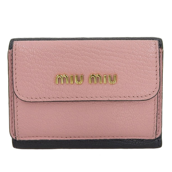 【中古】miu miu ミュウミュウ MADRAS レザー 三つ折り コンパクト財布 5MH020 ピンク:ブラック gy