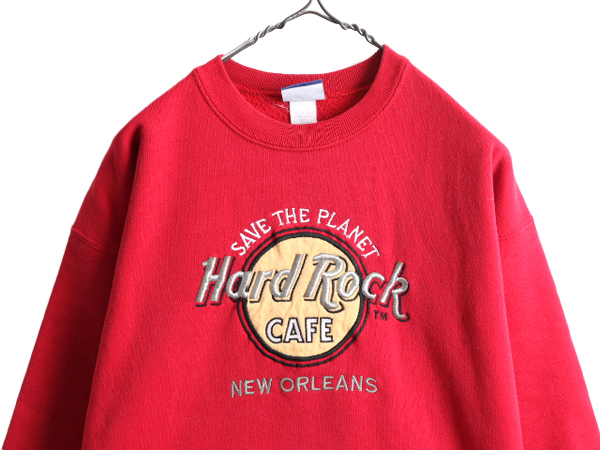 90s USA製 ■ ハードロックカフェ スウェット トレーナー メンズ レディース L / 90年代 オールド Hard Rock CAFE NEW ORLEANS ロゴ刺繍 赤_画像2