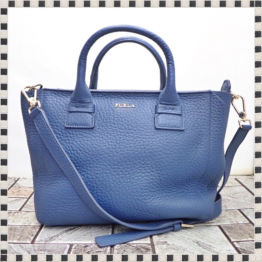 【 美品 】 フルラ カプリッチョ F6855 2way ハンドバッグ ショルダーバッグ オールレザー シボ革 ネイビー系 FURLA_画像1