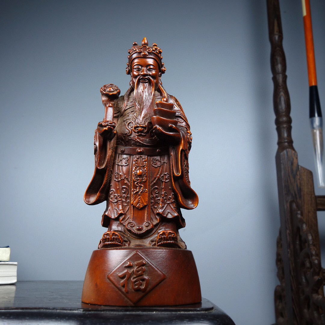 黄楊木製・細密彫・財神像『収蔵家蔵』稀少珍品・置物・古賞物・中国古美術