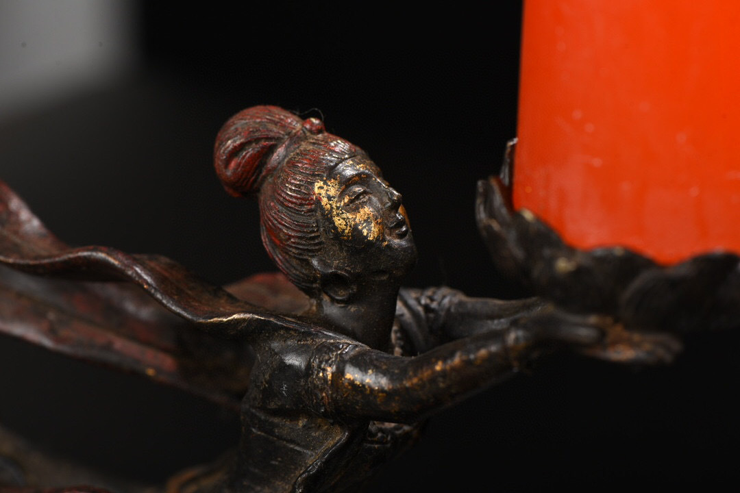 銅製・拓金・飛天燭臺一對『収蔵家蔵』稀少珍品・置物・古賞物・中国古美術