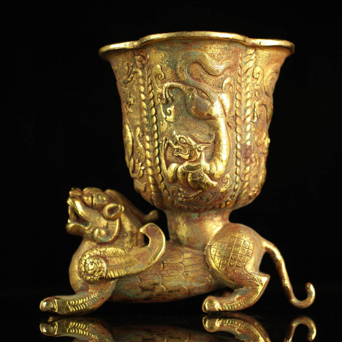 銅製・塗金・爬獣酒杯『収蔵家蔵』稀少珍品・置物・古賞物・中国古美術