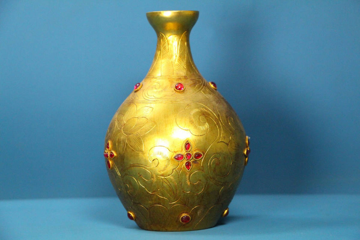 在庫一掃】 銅製・塗金・寶石嵌・花瓶『収蔵家蔵』稀少珍品・置物・古