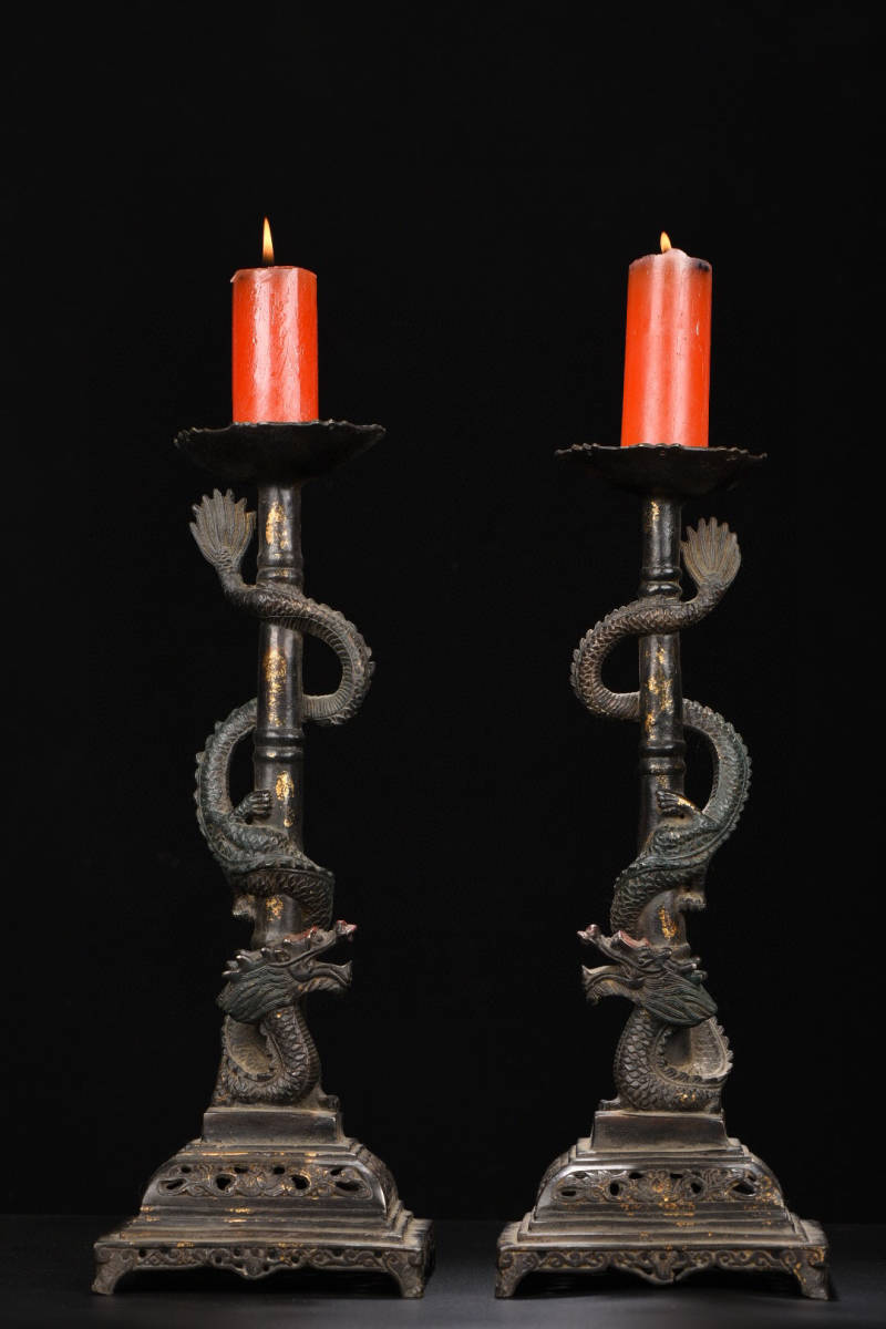 銅製・泥金・龍柱燭臺一對『収蔵家蔵』稀少珍品・置物・古賞物・中国古美術