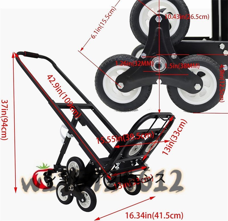 折りたたみ式 ポータブル 階段 登山 ハンドトラック 荷物カート 車輪6個と予備車輪2個付き ブラック 容量420ポンド ハンドカート_画像3