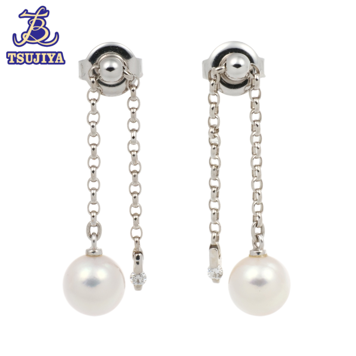 ★美品★MIKIMOTO ミキモト　アコヤパール　ダイヤピアス　パール6.8mm　2.7g　K18WG　中古A【辻屋質店J1893】_画像1