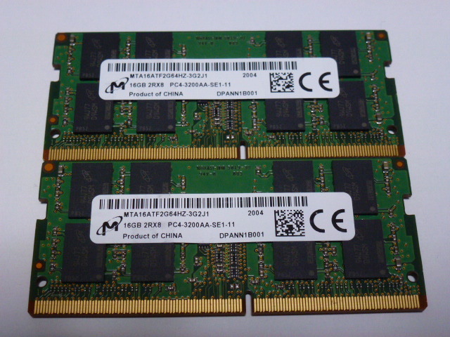 メモリ ノートパソコン用 1.20V Micron DDR4-3200 PC4-25600 16GBx2枚 合計32GB 起動確認済です