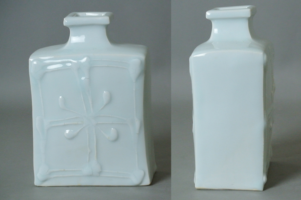 【全品送料無料】 ∞ 高さ約18.8cm 共箱付き】 扁壷 白磁 上田恒次 ∞【 美 南 花器、壷