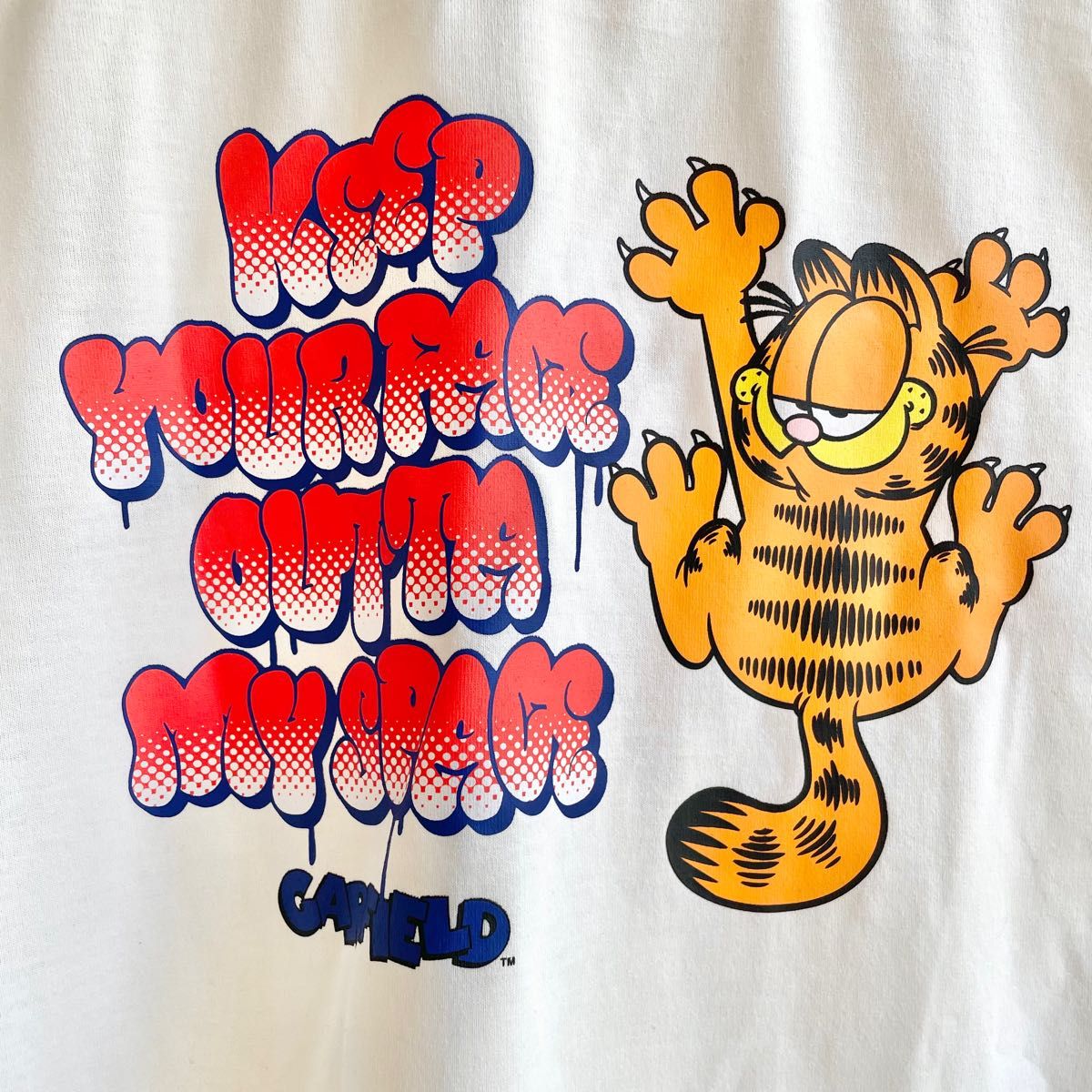 希少【L】garfield ガーフィールド 刺繍入り　ゆったり 半袖 Tシャツ レディース●アメカジ アメコミ　ワンピース/白