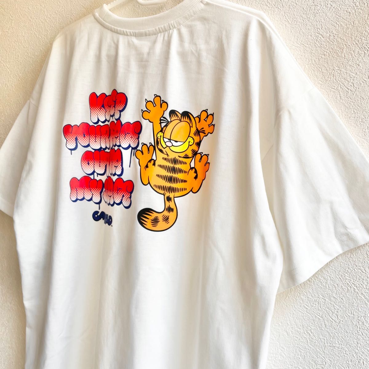 希少【L】garfield ガーフィールド 刺繍入り　ゆったり 半袖 Tシャツ レディース●アメカジ アメコミ　ワンピース/白