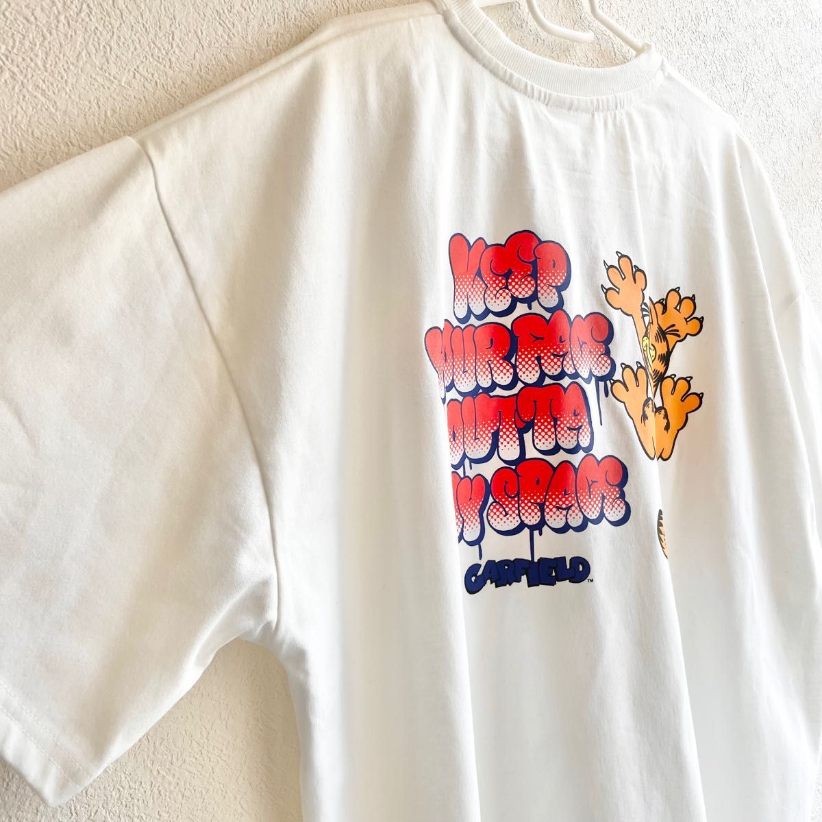 希少【L】garfield ガーフィールド 刺繍入り　ゆったり 半袖 Tシャツ レディース●アメカジ アメコミ　ワンピース/白