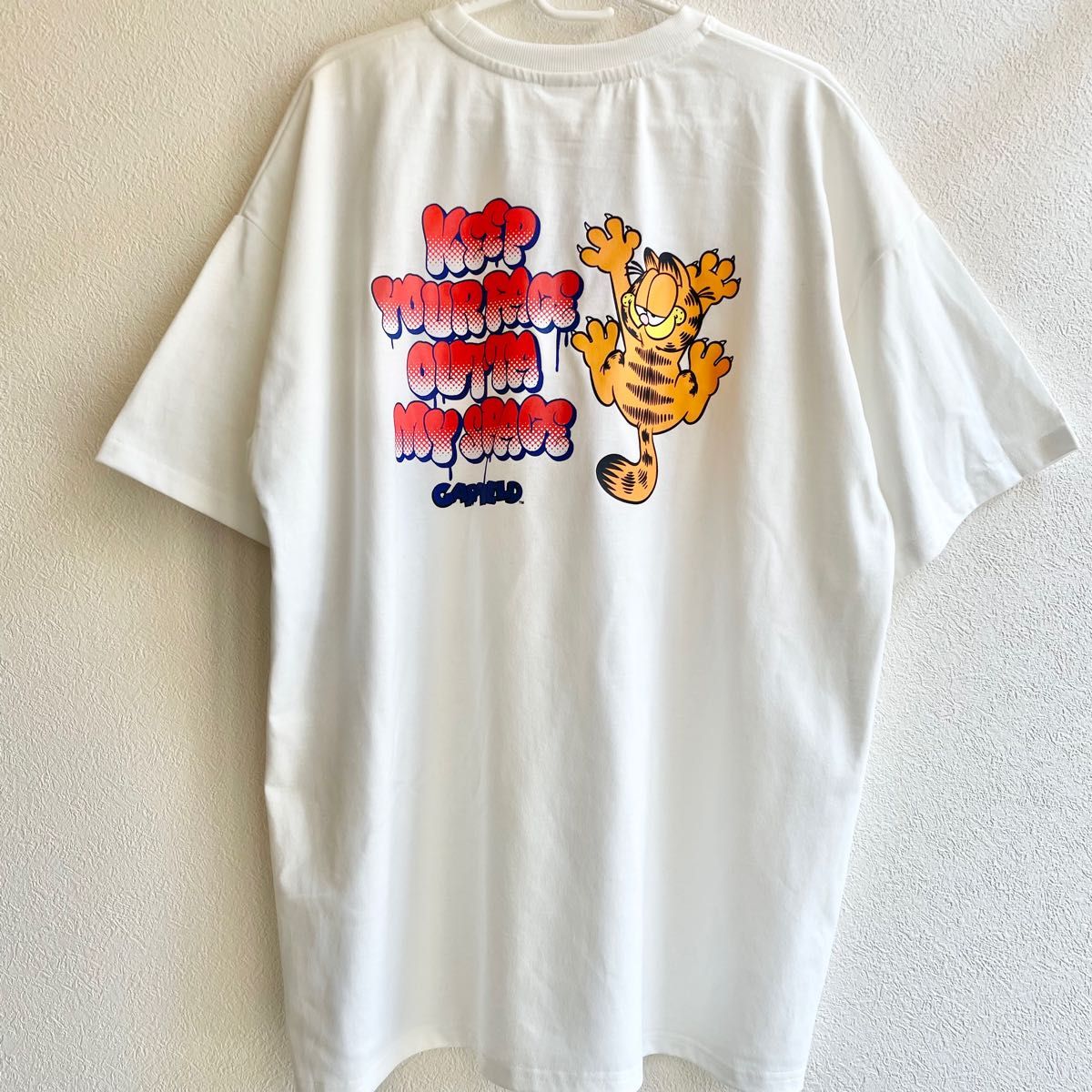 希少【L】garfield ガーフィールド 刺繍入り ゆったり 半袖 Tシャツ レディース●アメカジ アメコミ ワンピース/白