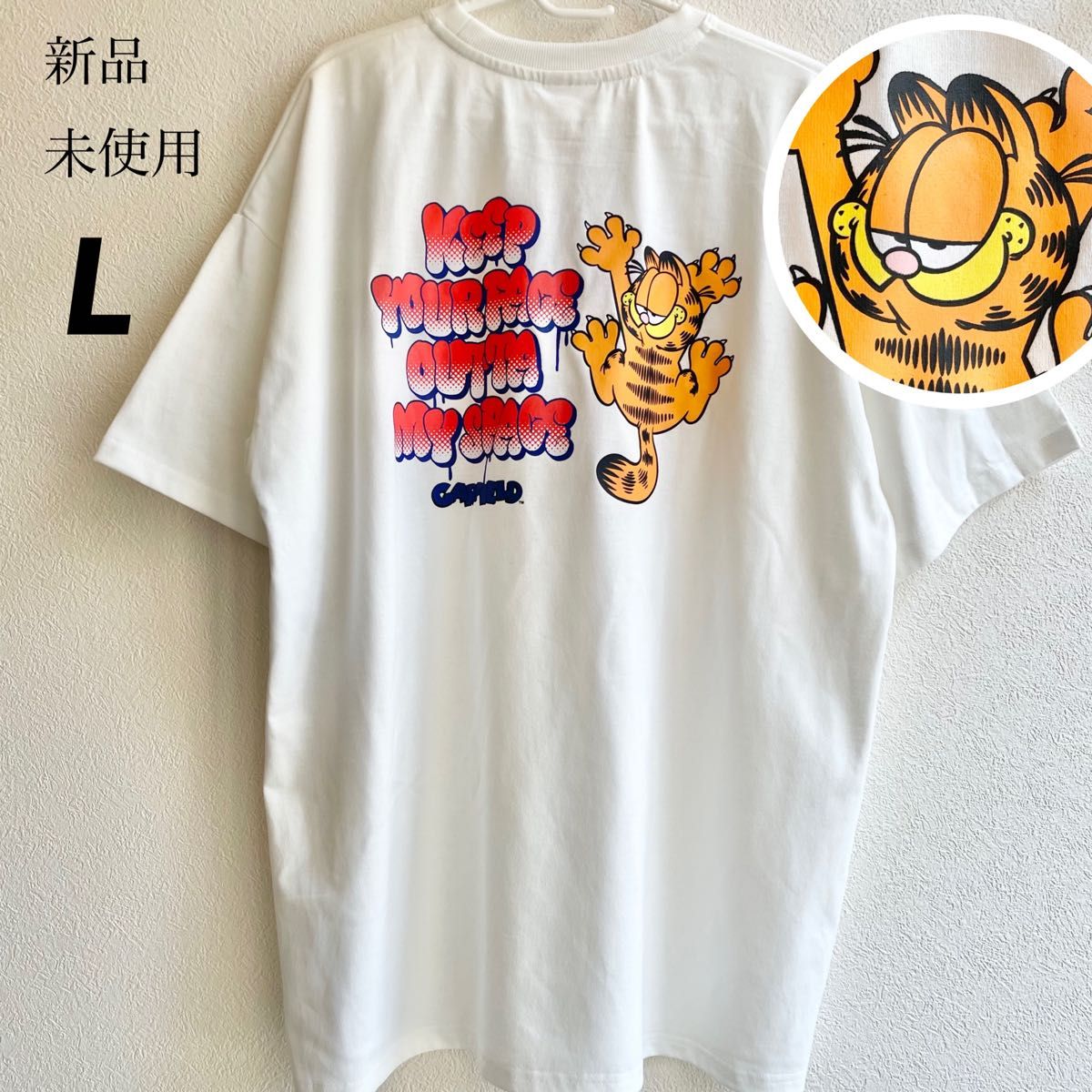 希少【L】garfield ガーフィールド 刺繍入り　ゆったり 半袖 Tシャツ レディース●アメカジ アメコミ　ワンピース/白