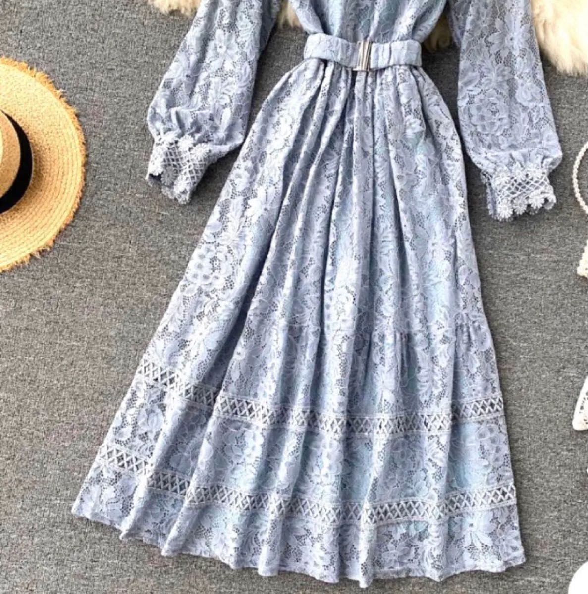 花柄レース ロングワンピース ドレス スタンドカラー アイス 花柄レース ロングワンピース ドレス スタンドカラー アイス