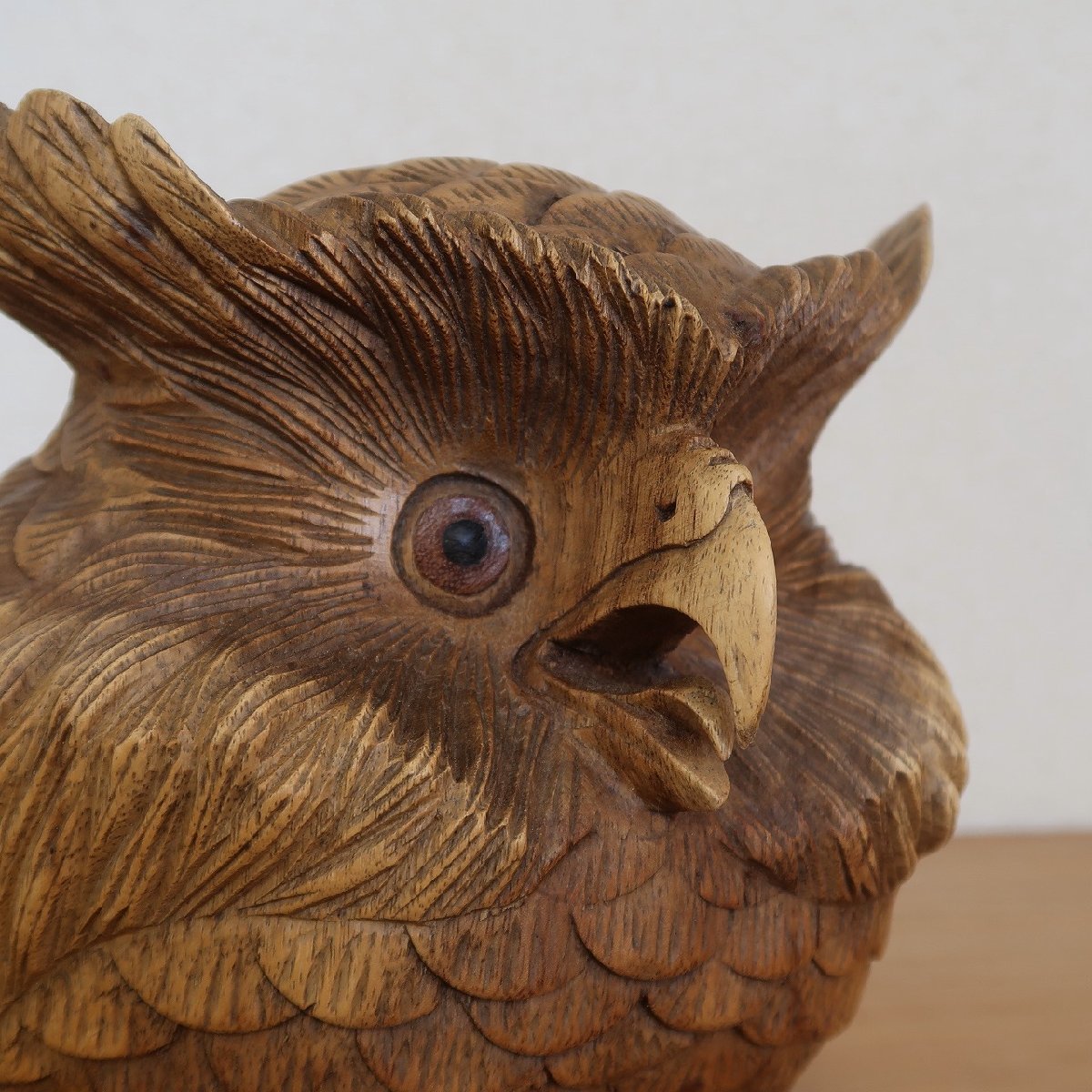 フクロウの木彫りの置物 20cm ふくろう 梟 置き物 オブジェ オーナメント 木製 Owl wood carving statue 010418_画像7