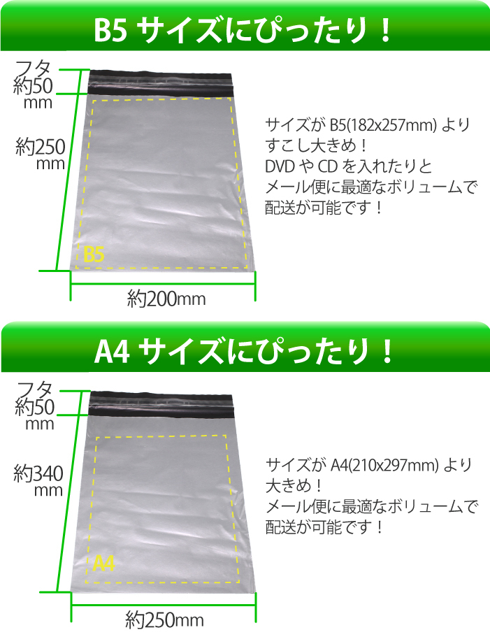 お試し 宅配ビニール袋 A4 A3小 B5 各20枚セット 透けない テープ付き （ホワイト/グレー 選択) 厚み60ミクロン 梱包材 宅配袋 ビニール_画像3