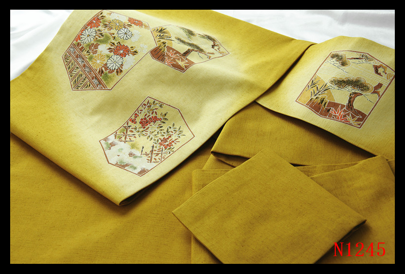 [N1245] carefuly selected beautiful goods pongee hand .... dyeing green yellow color ground . goods . crab high class fine art Nagoya obi * inspection *. kimono double-woven obi Nagoya obi obi shime 