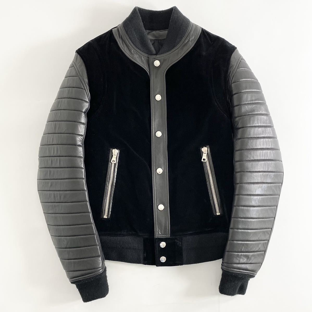 32hl10《極美品》定価¥541,200 BALMAIN バルマン ラムスキン切替ベロアブルゾン 46 ブラック メンズ レザー タグ付 アウター 秋冬 羊革_画像1