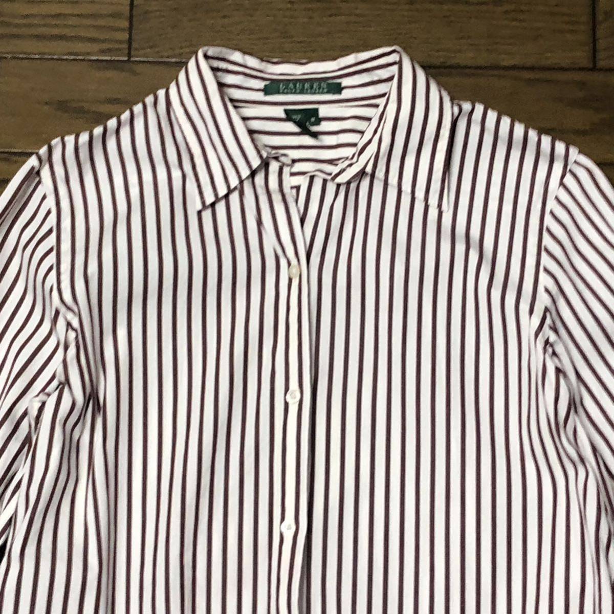 LAUREN RALPH LAUREN 長袖シャツ白茶色ストライプ柄 レディースM LAUREN RALPH LAUREN 長袖シャツ白茶色ストライプ柄 レディースM