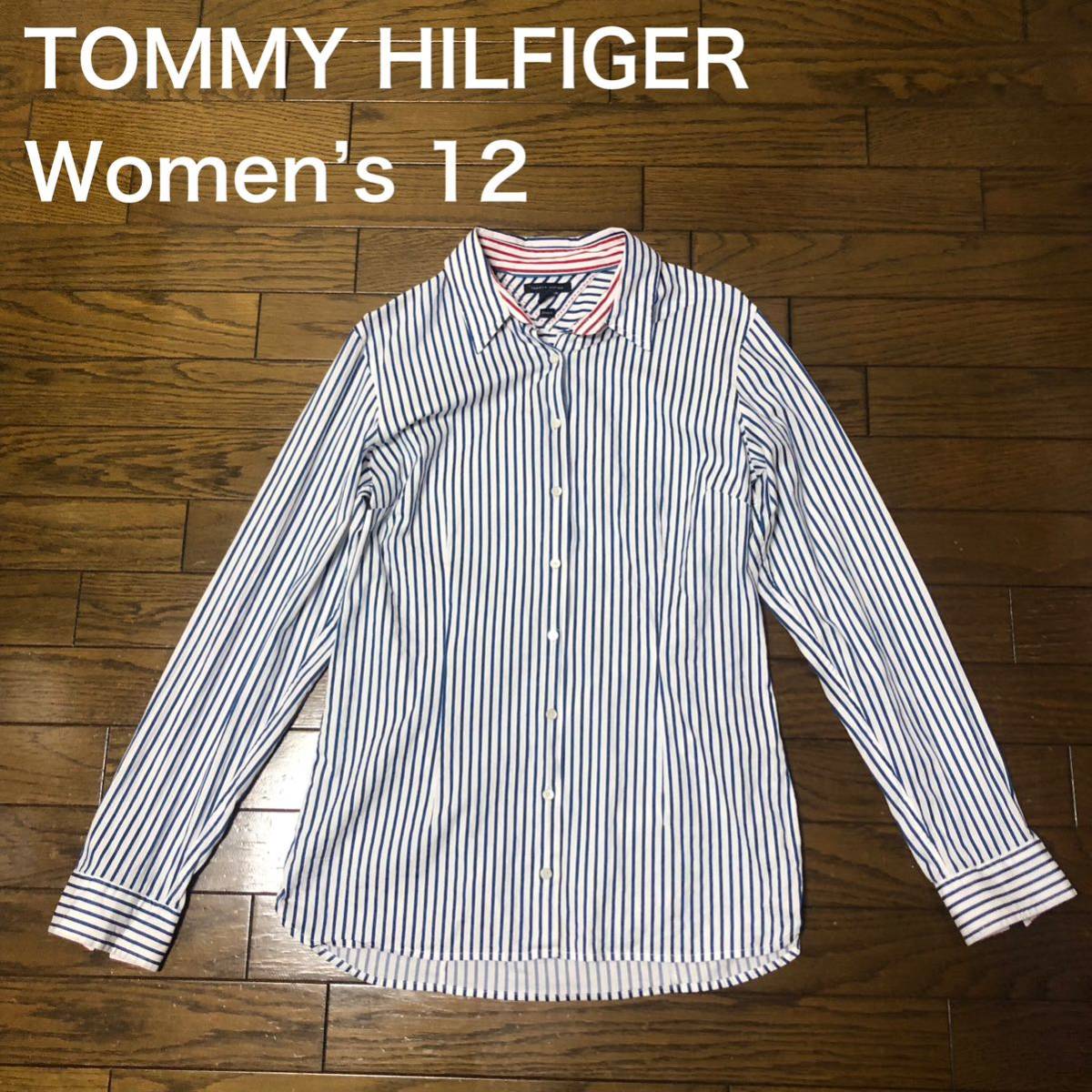 【送料無料】TOMMY HILFIGER長袖シャツ 青白赤ストライプ柄　レディース12サイズ トミーヒルフィガー_画像1