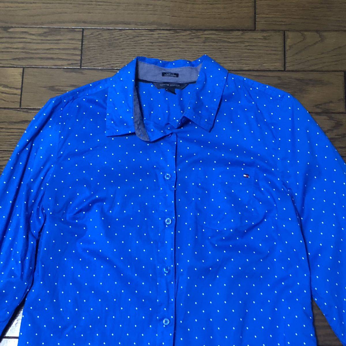 [ free shipping ]TOMMY HILFIGER long sleeve shirt blue white dot pattern lady's M size Tommy Hilfiger polka dot 