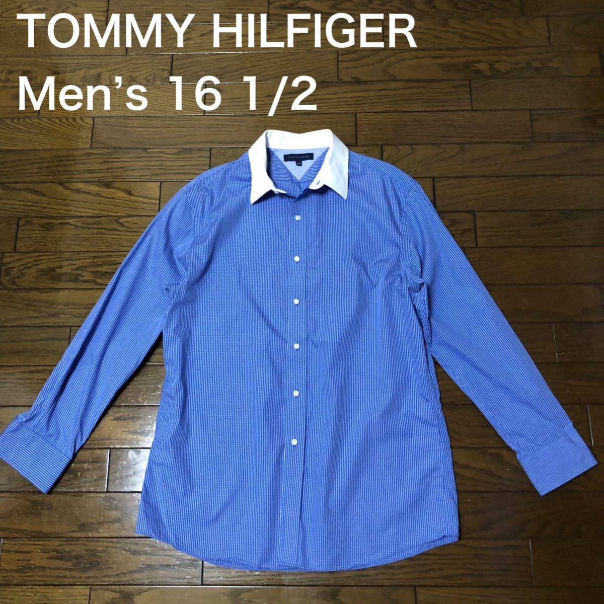 【送料無料】TOMMY HILFIGER長袖シャツ　青チェック柄×白　メンズ16 1/2サイズ　クレリックシャツワイシャツトミーヒルフィガー_画像1