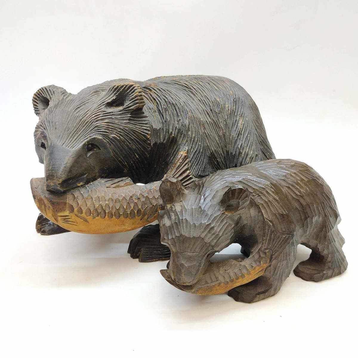 △ 木彫りのクマ熊置物親子木彫り彫刻工芸品木製オブジェインテリア