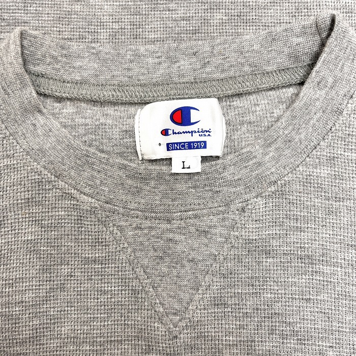 チャンピオン Champion ワッフル Tシャツ 半袖 Vガゼット ロゴ刺繍 丸首 綿100% コットン100% L ヘザーグレー 杢グレー×青×赤 メンズ_画像4