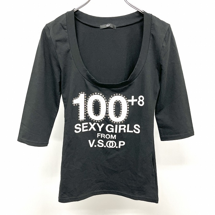 スライ SLY Tシャツ 5分袖 Uネック ラインストーン SEXY GIRS プリント ストレッチ 日本製 綿×ポリウレタン S ブラック 黒×白 レディース_画像1