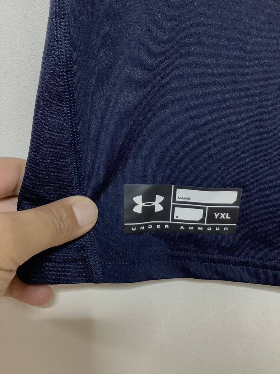 わ1139 UNDER ARMOUR アンダーアーマー 半袖コンプレッションシャツ YXL キッズ アンダーシャツ ネイビー ロゴプリント ヒートギア 160_画像3