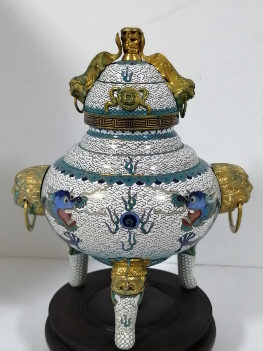 中国 古玩 時代物 景泰藍 七宝焼 龍紋 香炉 虎 獅子 耳付香炉 高さ約