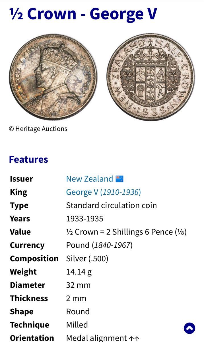 ニュージーランド ハーフクラウン銀貨 ジョージ5世 1933 GeorgeⅤhalf