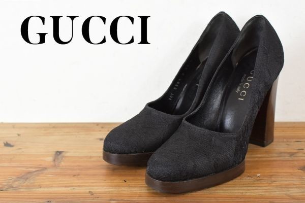 AW A3097 GUCCI グッチ レース素材貼り 厚底 ラウンドトゥ ウッド