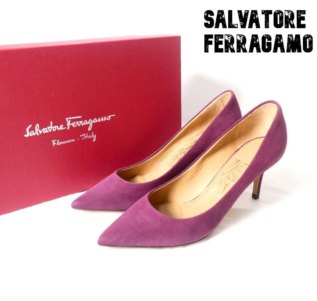 未使用 Salvatore Ferragamo サルヴァトーレフェラガモ サイズ4.5C 約22㎝ ハイヒール パンプス スエード ポインテッドトゥ 紫 パープル_画像1