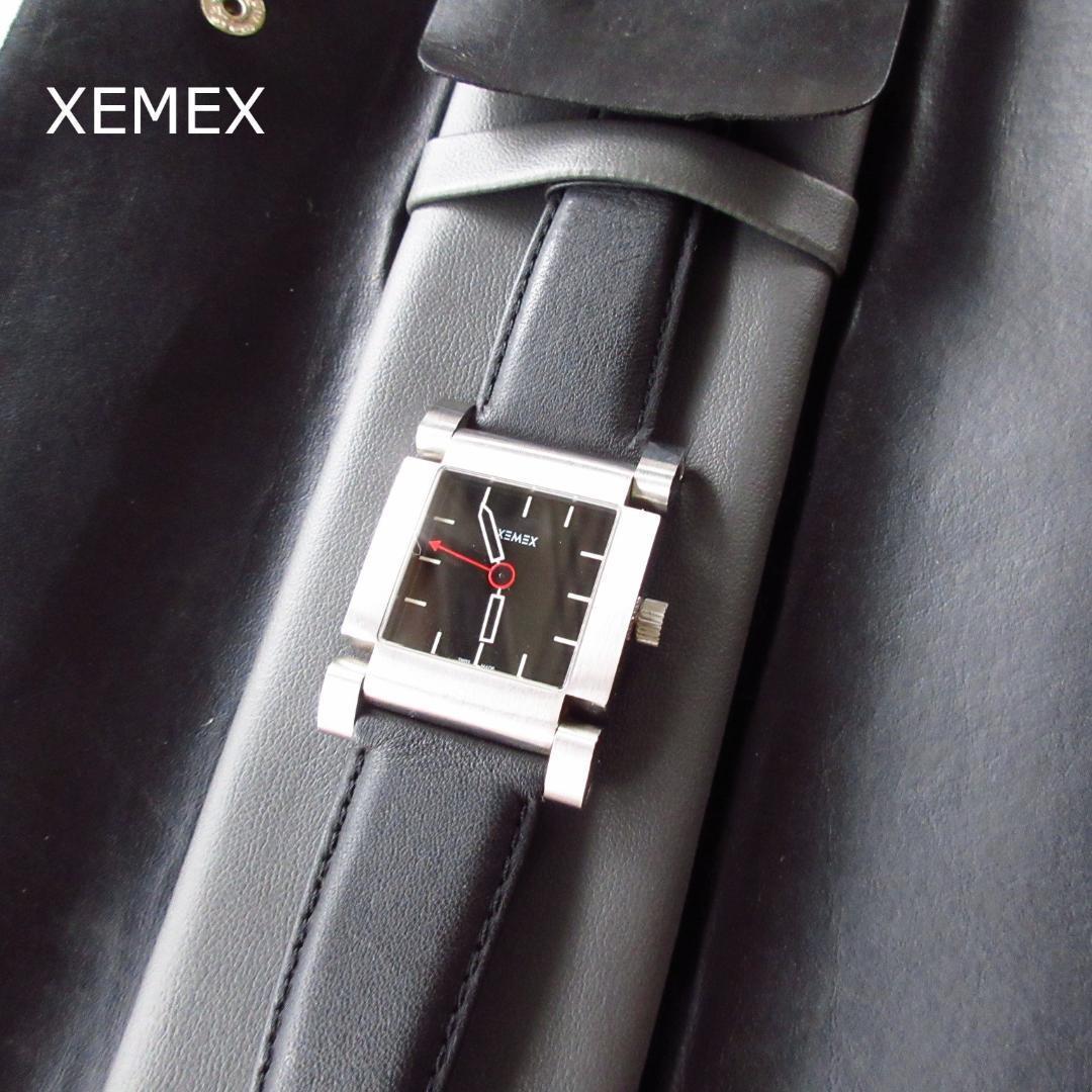 希少 美品 XEMEX ゼメックス レザーベルト バックスケルトン 裏透け 自動巻き スクエア 黒文字盤 腕時計 ウォッチ ブラック×シルバー色