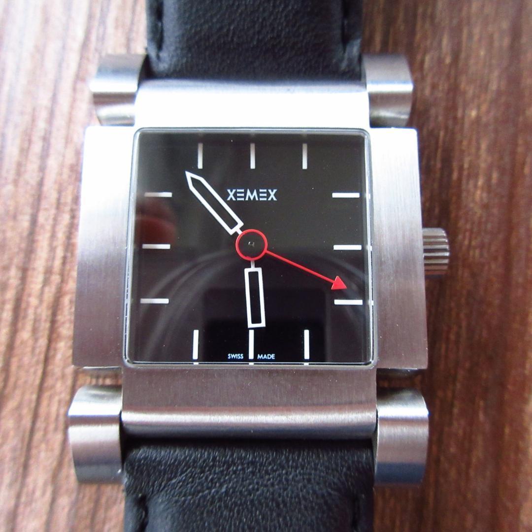 希少 美品 XEMEX ゼメックス レザーベルト バックスケルトン 裏透け 自動巻き スクエア 黒文字盤 腕時計 ウォッチ ブラック×シルバー色_画像5