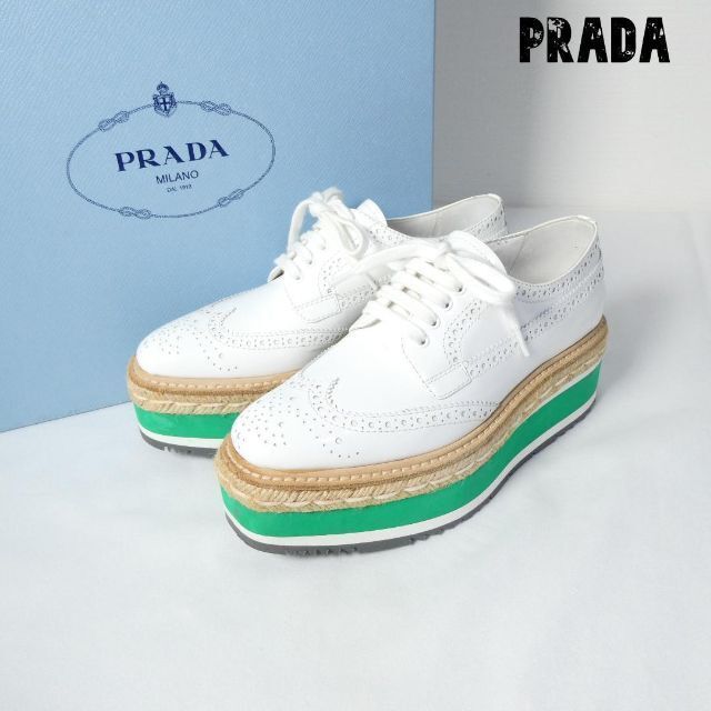 美品 PRADA プラダ エナメル ウイングチップ 厚底 ドレスシューズ レザーシューズ ローファー モカシン 34.5 約21.5㎝ 白 ホワイト A1977