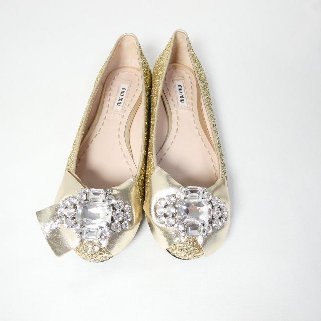  unused MIUMIU MiuMiu size 36 approximately 23. Gold color Flat pumps ballet shoes g Ritter biju- rhinestone ....