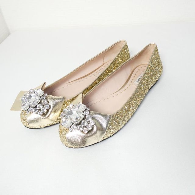  unused MIUMIU MiuMiu size 36 approximately 23. Gold color Flat pumps ballet shoes g Ritter biju- rhinestone ....