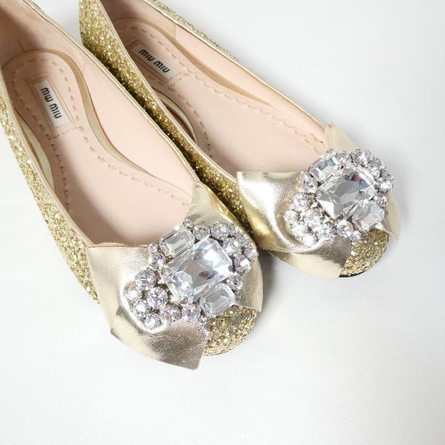  unused MIUMIU MiuMiu size 36 approximately 23. Gold color Flat pumps ballet shoes g Ritter biju- rhinestone ....