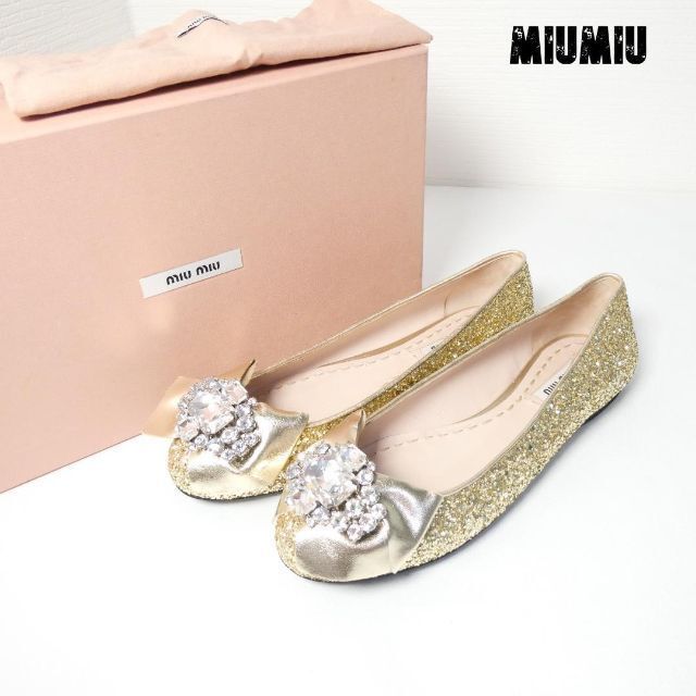  unused MIUMIU MiuMiu size 36 approximately 23. Gold color Flat pumps ballet shoes g Ritter biju- rhinestone ....