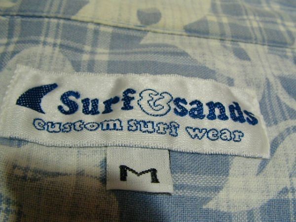 ssy866 Surf&sands メンズ 半袖 シャツ ブルー×ホワイト ■ チェック 花柄 プリント ■ サーフ ロゴテープ 胸ポケット Mサイズ_画像9